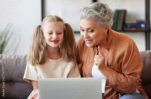 Grandmother helping granddaughter with online studies.
