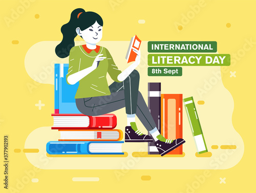 young girl reading a book on top stack of books, illustration poster for international literacy day vector illustration