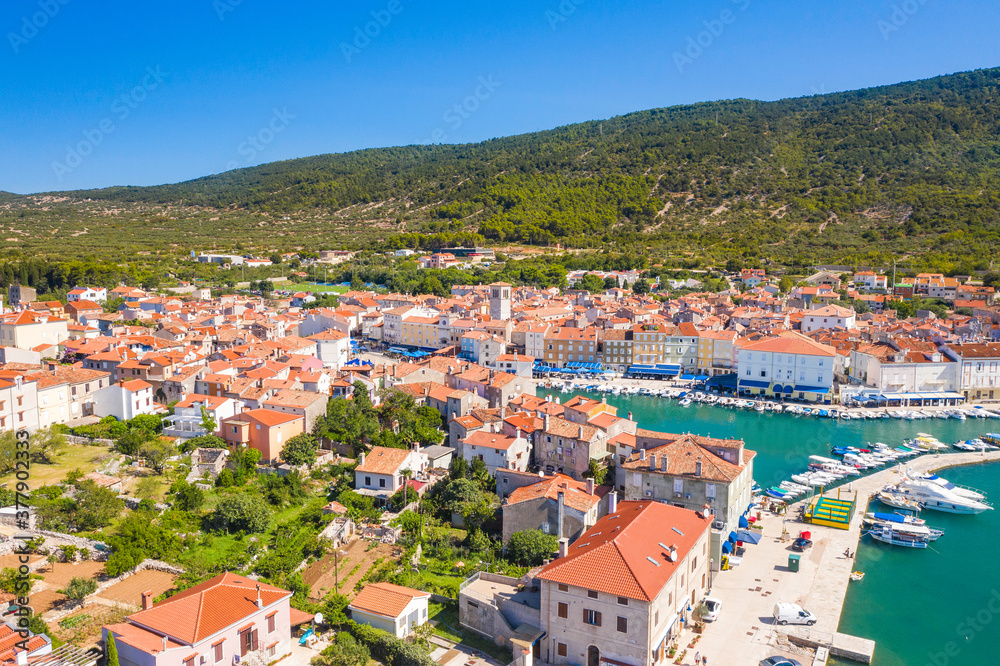 Panoramic view of beautiful blue bay town of Cres on the island of Cres, Adriatic sea in Croatia