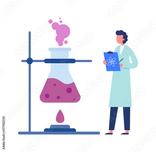 Science laboratory. Chemical laboratory experiments. Vector burn beaker, chemical researcher research, chemistry test illustration
