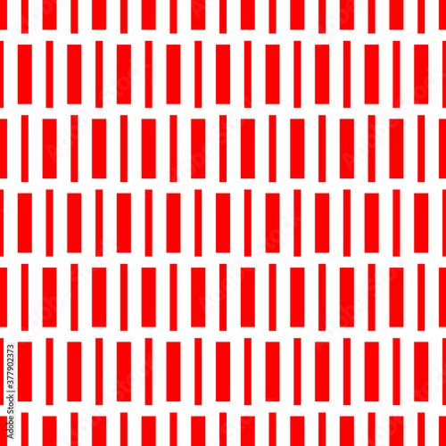 Repeated red geometric figures on white background. Seamless surface pattern design with symmetrical rectangles ornament. Polygons wallpaper. Dashed lines motif. Digital paper with stripes. Vector