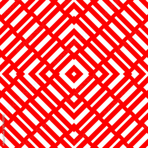 Repeated white geometric figures on red background. Seamless surface pattern design with symmetrical rectangles and rhombuses ornament. Polygons wallpaper. Diagonal dashed lines motif. Digital paper