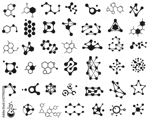 Connected molecules icons. Molecular structure logo. Connection science molecule, chemistry atom, chemical abstract molecular structure illustration photo