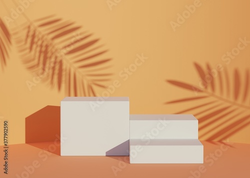 3D Abstract background of empty podium display for products and cosmetic presentation and mock up. Classy modern pedestal or showcase with shadow of palm leaves. Colorful scene. Summer time.