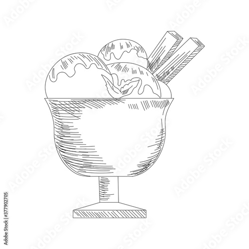 Ice cream sketch. Isolated vector ice cream scoops in glass bowl, eskimo pie in chocolate glaze, sundae in wafer cone, frozen fruit ice for cafeteria, restaurant menu photo