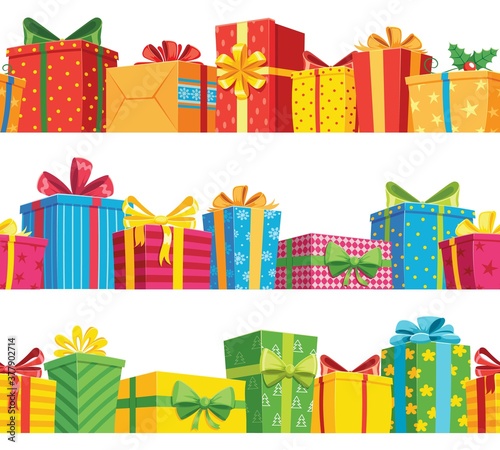 Gift seamless border. Stack giftbox package, present box to holiday birthday and christmas, color poster and banner vector illustration