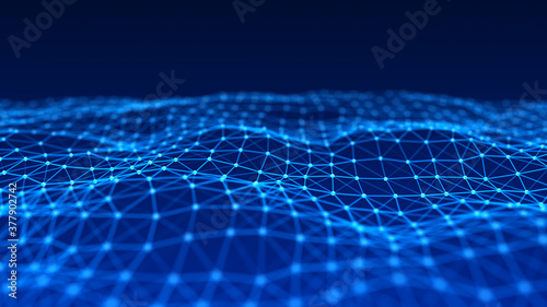 Abstract wave background with dots and lines moving in space. Technology blue illustration. Futuristic modern dynamic wave. 3d rendering. © estar 2020