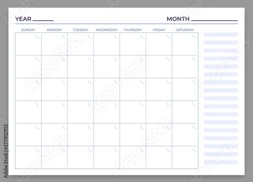 Monthly planner template. Vector month and week plan, calendar daily, time weekly stationery print to work illustration