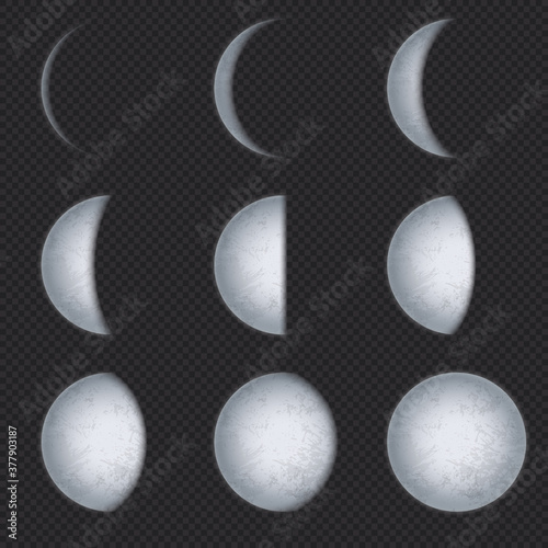 Realistic moon phases. Lunar phase, full luna and new crescent with night sky. Earth satellite surface with texture astronomical vector set. Astronomy lunar phase crescent and eclipse illustration