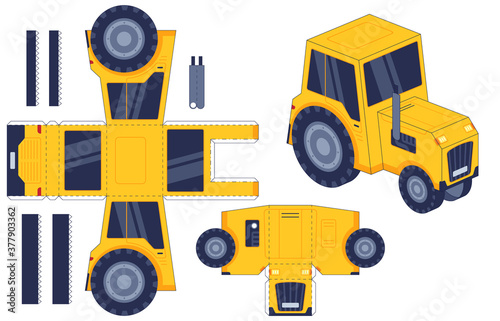 Tractor paper cut toy. Farm agricultural machine. Paper, glue kids activity game worksheet. Tractor 3d printable model handmade vector set. Kindergarten jigsaw, education puzzle cardboard illustration