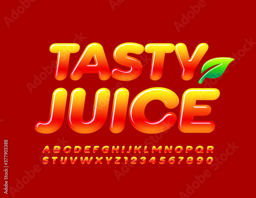 Vector bright logo Tasty Juice. Glossy Gradient Font. Yellow and Red Alphabet Letters and Numbers