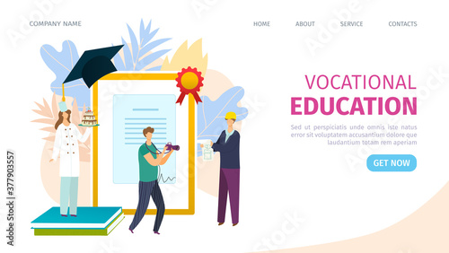 Vocational education training concept of learning, landing page, vector illustration. Business training and advanced training. Vocational school or trade school web site. Vocation college proffesion. photo