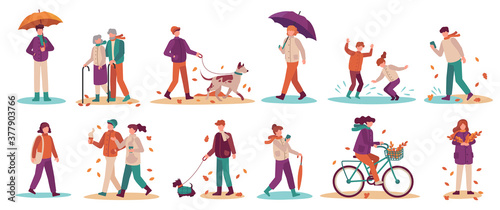 People in fall season. Men and women walk street, ride bicycle, walking dog. Young and adults umbrella in autumn park vector set. Illustration woman and man in autumn weather with dog and umbrella