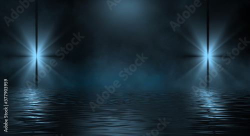 Dark night landscape, light reflection in the water. Fog, smoke, smog. Empty futuristic landscape.