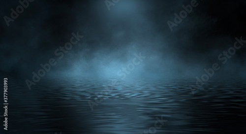 Dark night landscape, light reflection in the water. Fog, smoke, smog. Empty futuristic landscape. © MiaStendal