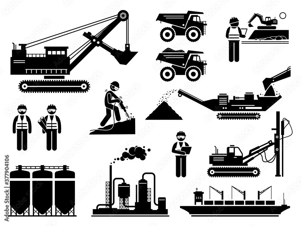 Mining quarry site workers and heavy machinery icons set. Vector
