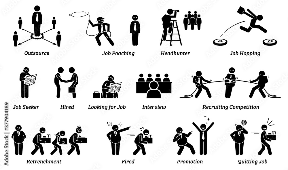 Job career and employment icons set. Vector illustrations concept of people looking for job, recruiters searching for talent, and employer with employee stick figures.