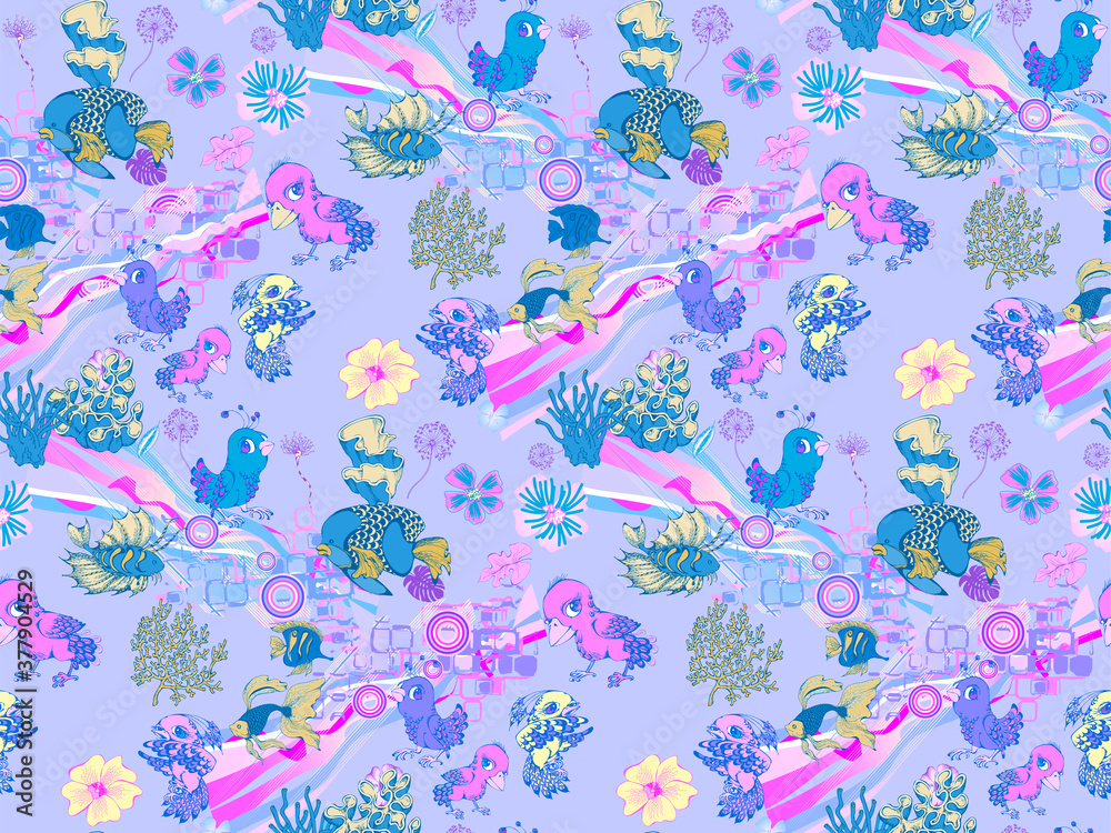 Cute small bird and fish.  Seamless pattern. Vector illustration. Suitable for fabric, mural, wrapping paper and the like. Will be well to look in the design of children's room