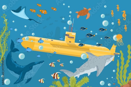 Yellow submarine undersea boat with fishes in ocean, sea, with periscope flat design, vector illustration. Marine nautical theme with underwater ship, sub dive. Sealife, yellow cute boat.
