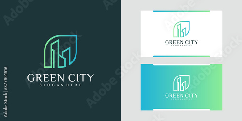 Green city logo design template building. minimalist outline symbol logo