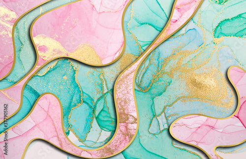 Alcohol ink green and pink abstract background with golden layers. Ocean style watercolor texture.