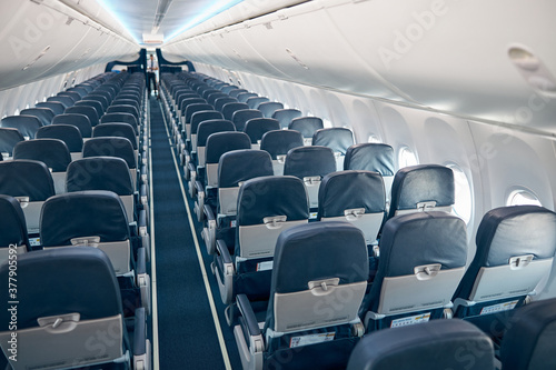 Interior of airplane seats in cabin economy class