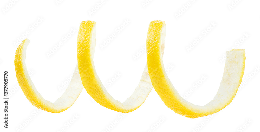 Spiral of lemon skin - Citrus twist peel isolated on a white background. Lemon zest.