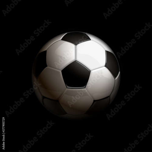 football tournament sport poster design banner with 3d realistic shiny ball isolated on black background. Luxury Illustration soccer championship template with realistic black and white classic ball