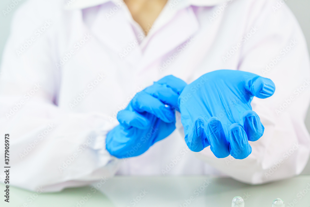 Scientist hands putting in nitrile blue latex gloves in labcoat wearing nitrile gloves Scientist hands putting in nitrile blue latex gloves in labcoat wearing nitrile gloves