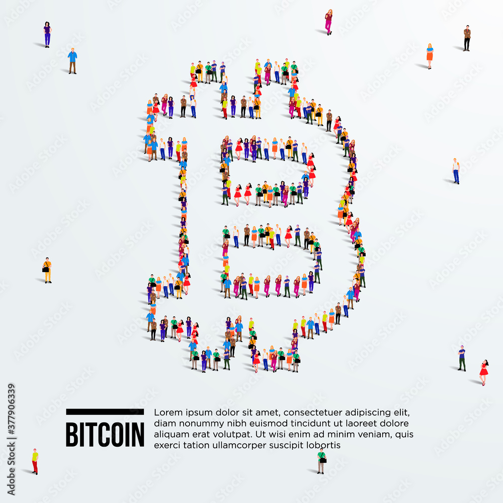 Bitcoin Sign. Large group of people form to create bitcoin sign. Vector illustration.