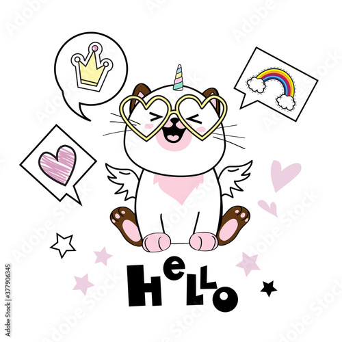 Beautiful white cat unicorn in glasses and with wings in the style of kawaii and the inscription hello on a white background. Card vector isolated for children