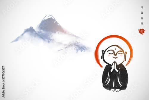 Ink painting of praying japanese boddhisattva Jizo and blue mountains. Traditional Japanese ink wash painting of Buddha sumi-e. Translation of hieroglyphs - boddhisattva Jizo