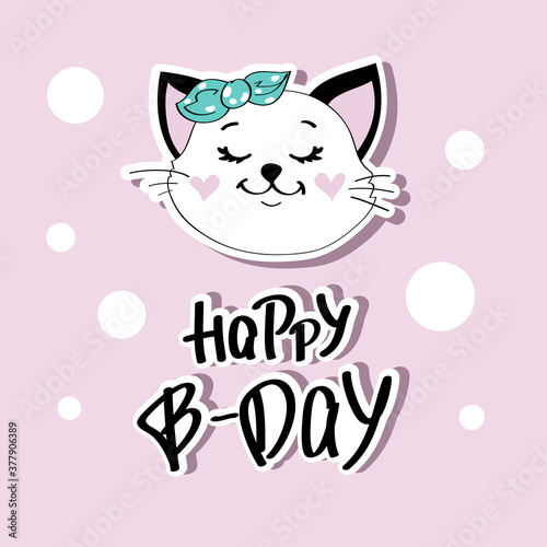Cat girl and the inscription happy birthday on a pink background. Fashion sticker