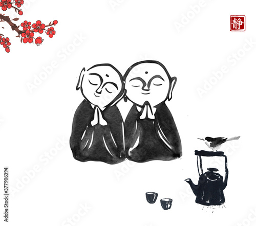 Ink painting of  two praying japanese boddhisattva Jizo and sakura blossom. Traditional Japanese ink wash painting of Buddha sumi-e. Translation of hieroglyph - silence