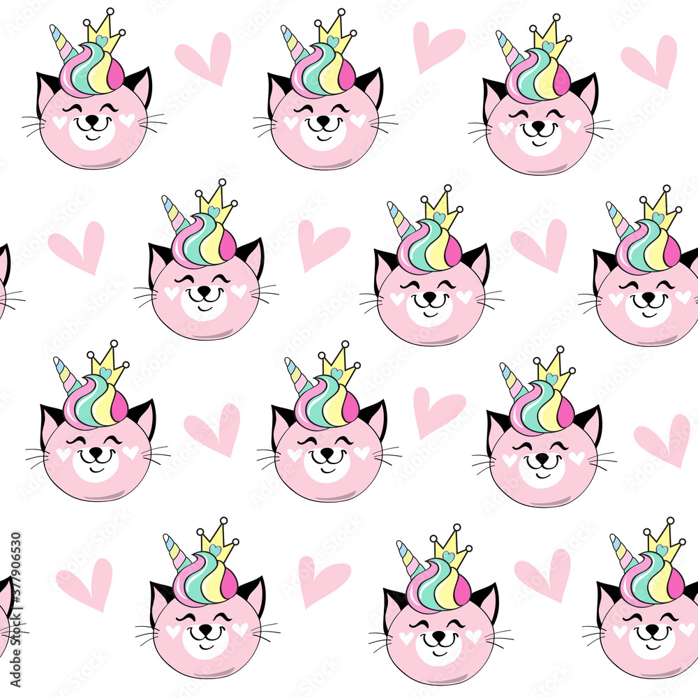 Funny unicorn head and heart on a white background seamless pattern