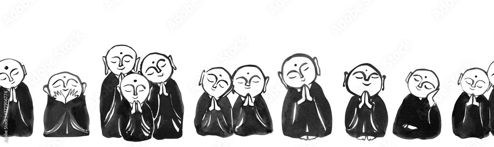 Seamless horizontal pattern with small japanese boddhisattvas Jizo. Traditional Japanese ink wash painting sumi-e. Seamless horizontal pattern with small japanese boddhisattvas Jizo. Traditional Japanese ink wash painting sumi-e.
