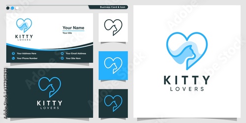 Cat logo with love element line art style and business card design Premium Vector