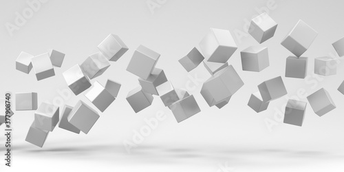 Abstraction illustration. Flying cubes on a white background. 3d render.