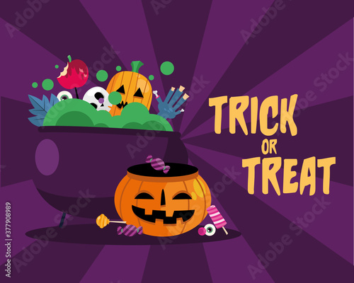 Trick or treat candies inside witch bowl and pumpkin vector design