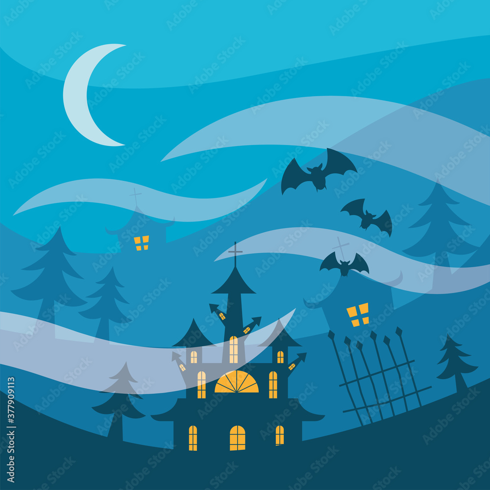 Halloween houses with gate and pine trees at night vector design