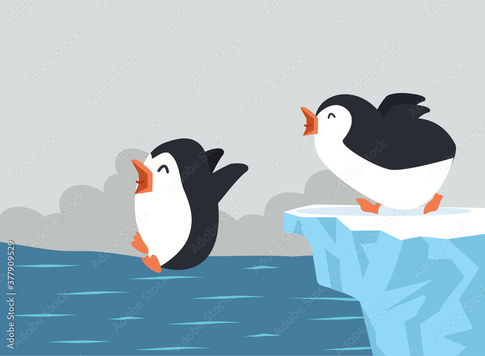 Naklejka premium Cute penguins jumping on Iceberg background