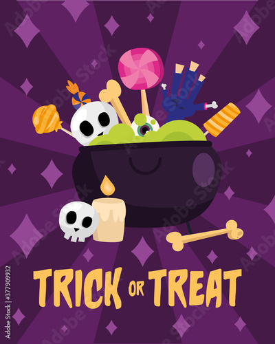 Trick or treat candies inside witch bowl vector design