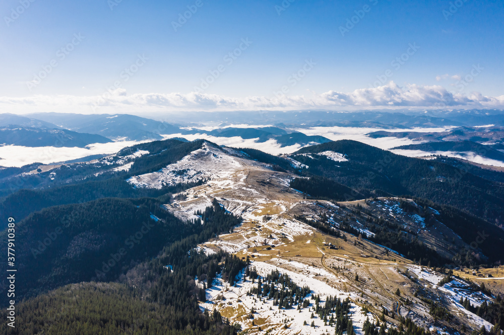 Morning in the mountains. Carpathian Ukraine, Aerial view.