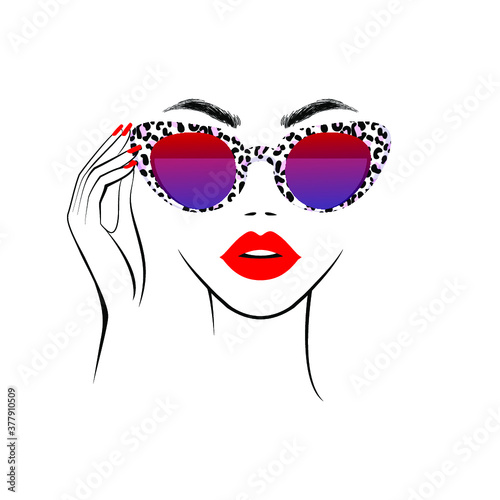 Fashion beautiful woman face in stylish sunglasses with leopard pattern, fashion glasses, hand with manicure nails, studio. Beauty logo. Vector illustration. 