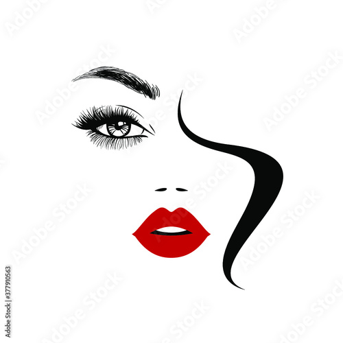 Beautiful woman face with red lips, lush eyelashes, black hair, stylish hairstyle. Beauty Logo. Hairdresser studio. Wallpaper background. Vector illustration.	
