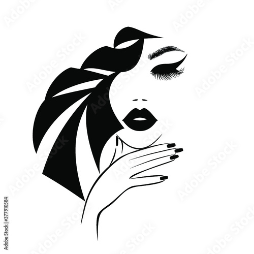 Beautiful woman face with black lips, lush eyelashes, hand with black manicure nails, black hair, stylish hairstyle. Beauty Logo. Nail art studio. Wallpaper background. Vector illustration.
