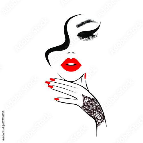 Beautiful woman face red lips, hand in black glove with red manicure nails. Beauty Logo. Vector illustration, retro hair style, spa salon, sign, symbol, nails studio.
