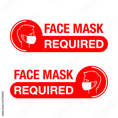 Mask required red warning prevention sign - human profile silhouette with face mask in rounded rectangular frame - isolated vector information picture