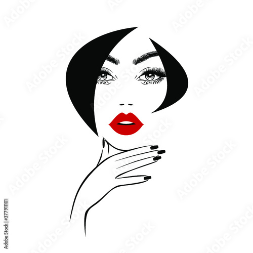 Beautiful woman face with red lips, lush eyelashes, hand with red manicure nails, black hair, stylish hairstyle. Beauty Logo. Nail art studio. Wallpaper background. Vector illustration.