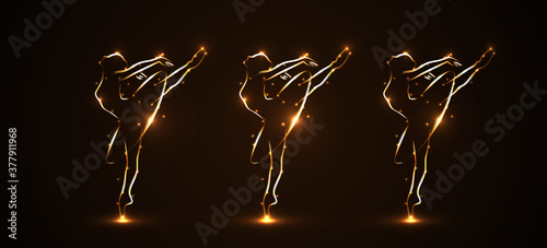 Silhouette of three ballerinas, dancers in movement on pointe and in packs, tutu. Drawn by hand with a tracings of golden color with light on a black background. Both arms and a leg lifted up. Logos.